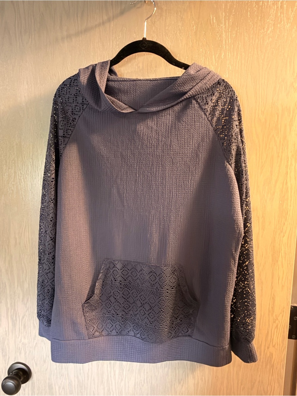 Lace-Sleeve Hooded Pullover - Light Navy